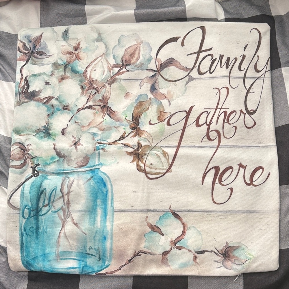 NEW 17” PILLOW COVER  Gather Here Cotton Floral Wall Art - Blue Mason Jar